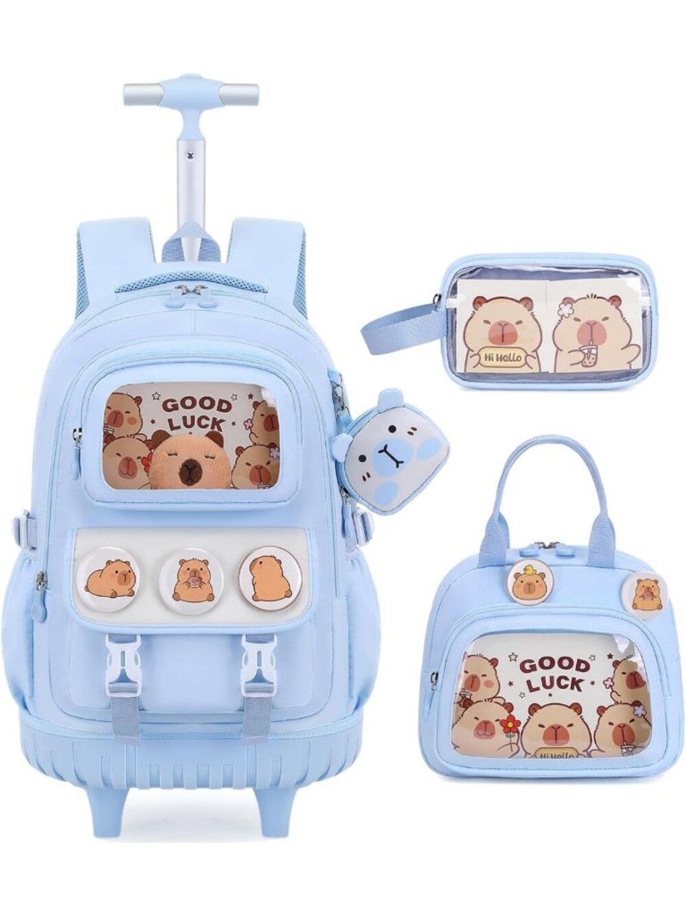 Capybara Rolling Backpack for Girls with Lunch Box & Pencil Case